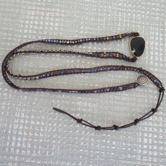 NAKAMOL Faceted Crystal Natural Stones Beads and Leather Mix Wrap Bracelet Black - Picture 6 of 6